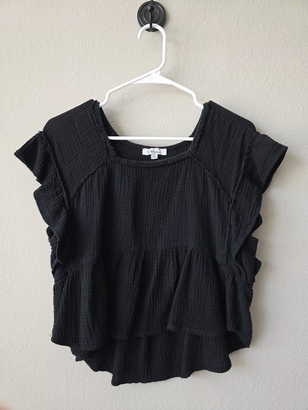 Polagram Black Ruffle Sleeve Cotton Gauze Tunic